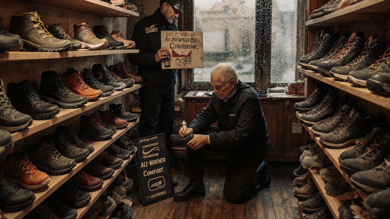 Interior of an Irish shoe shop with walking shoes on display and a customer trying on a pair.