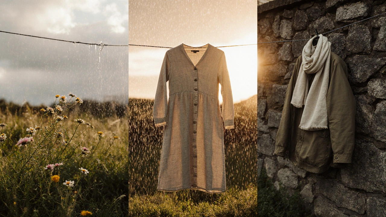 Irish linen dress on a line, symbolizing adaptability to sun, rain, and sunset in changing Irish weather.