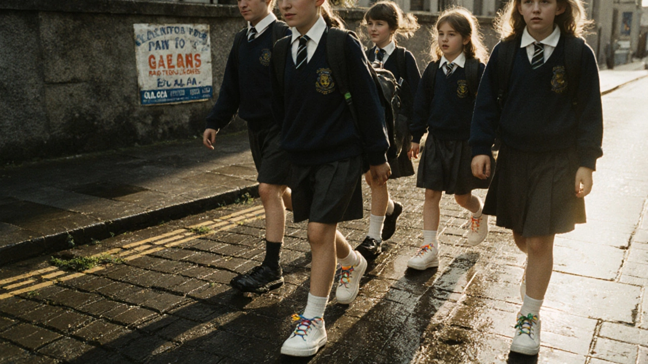 Irish schoolchildren walking home in trainers on rainy cobblestones.