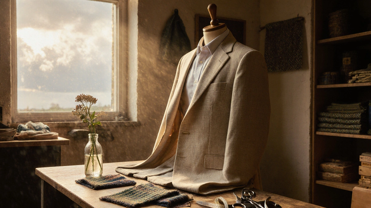 Light beige suit on tailoring form in Wexford workshop with Donegal tweed swatches