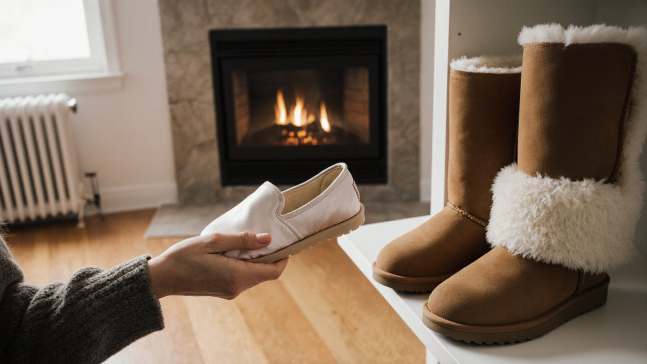 Lightweight satin house shoes being handed to a guest in a warm American living room with hardwood floors.