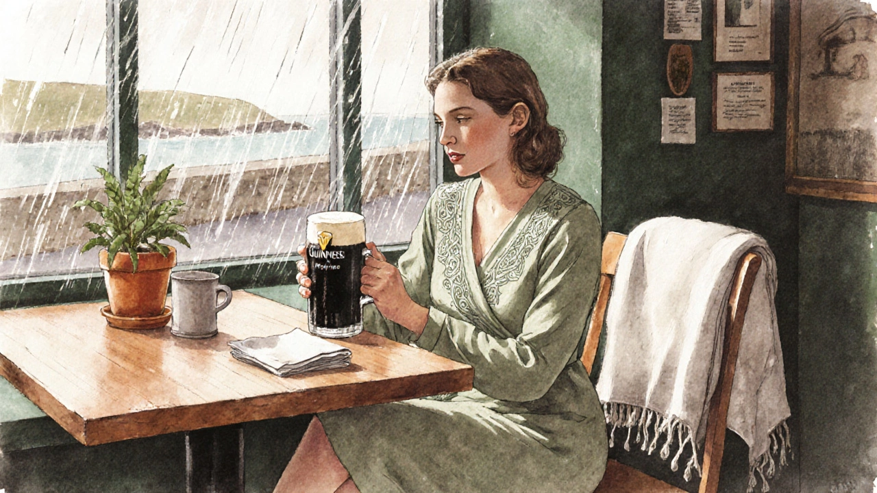 Local woman in a Celtic-embroidered wrap dress sipping Guinness at a Galway café with rain-streaked windows.