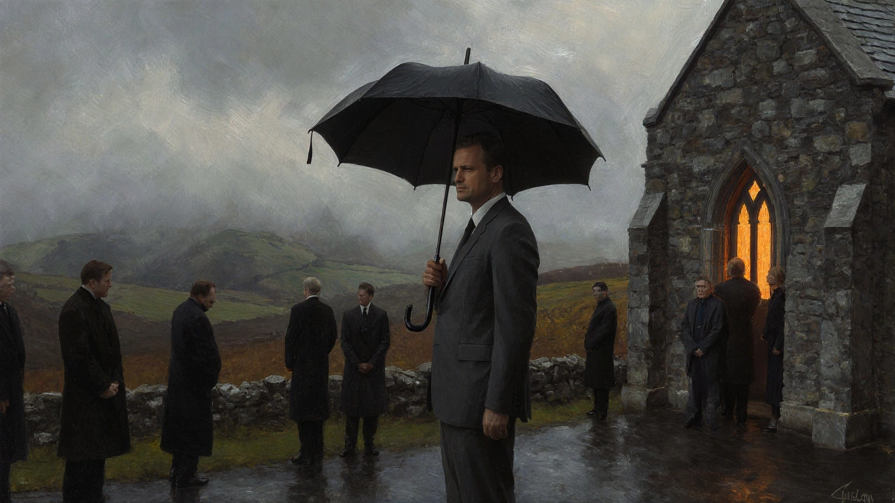 Man in charcoal suit standing solemnly outside a chapel in Donegal during a funeral