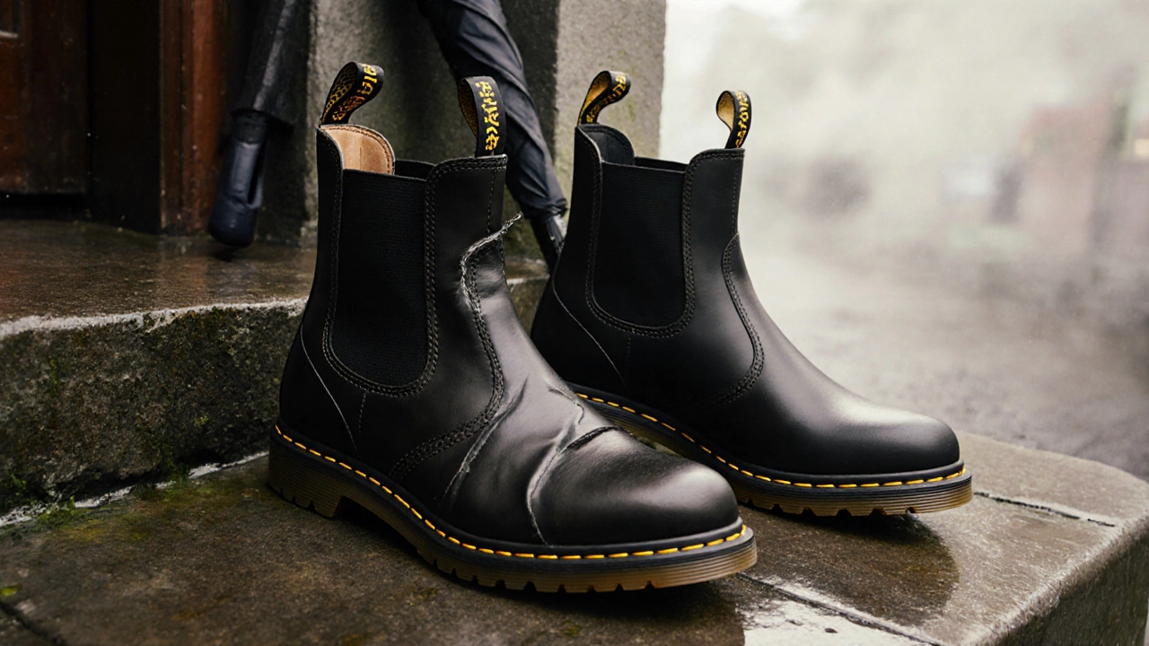 Side-by-side comparison of a damaged Chelsea boot and a rugged Blundstone boot on a damp Irish doorstep.