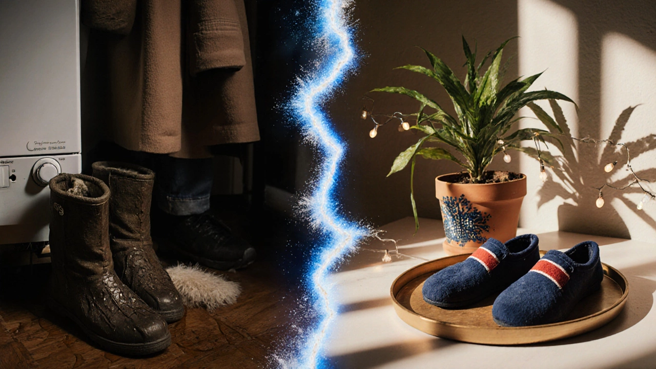 Split image: practical Irish slippers next to wet boots vs. decorative American slippers on a tray, symbolizing cultural differences.