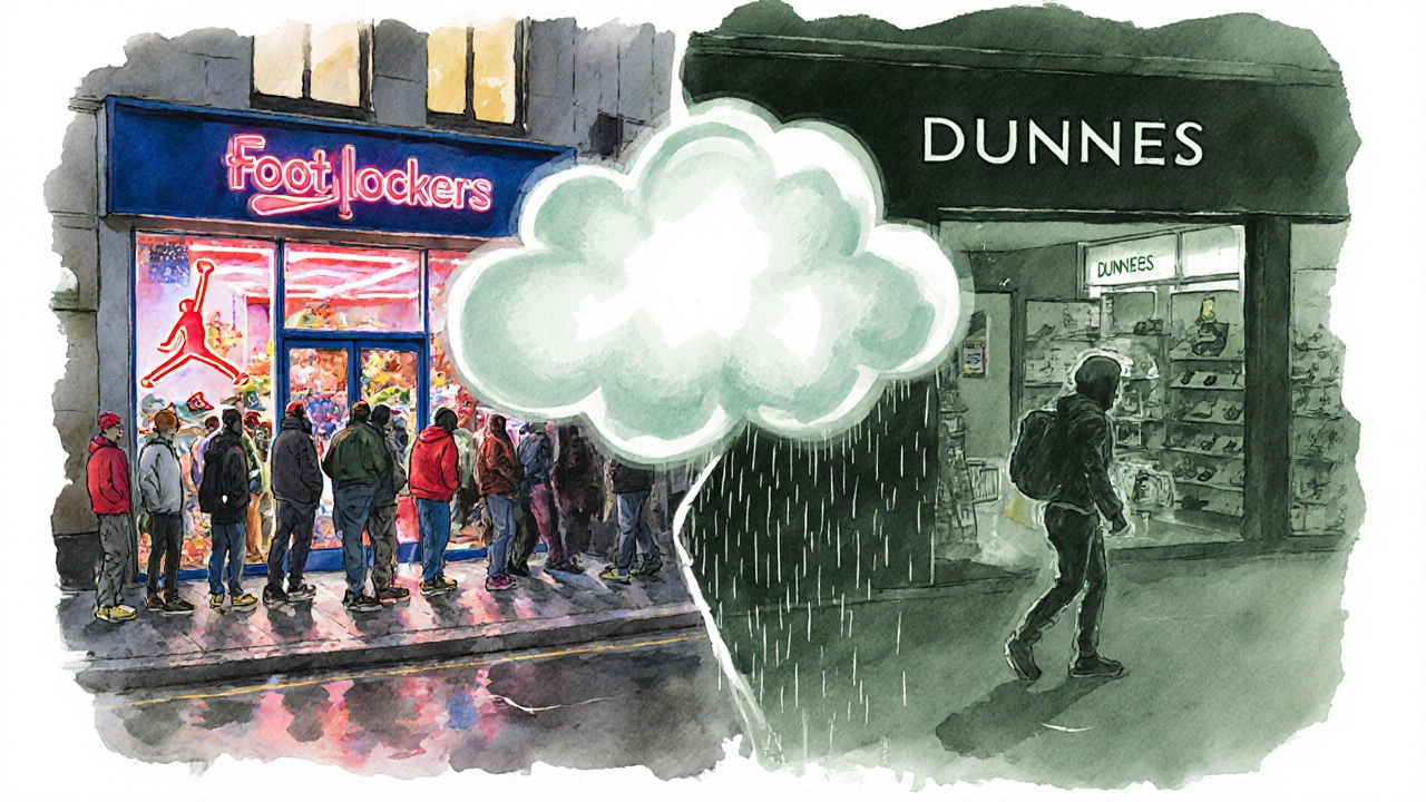 Split-screen contrast: American sneaker hype vs. Irish practical shoe shopping.