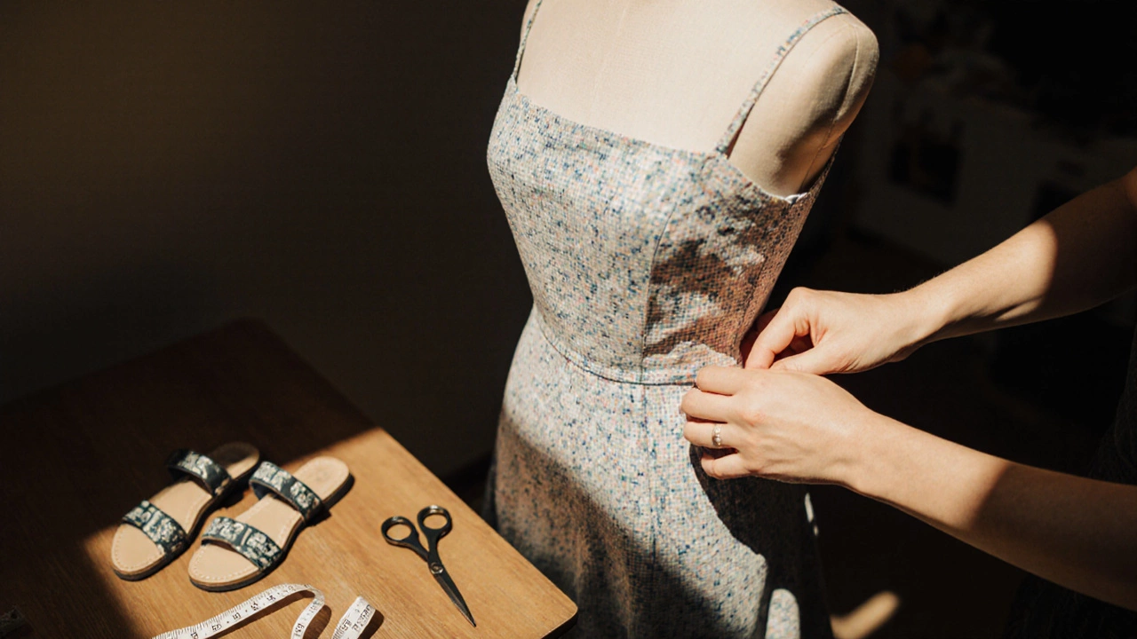 Tailor&#039;s hands pinning a dress waist on a mannequin with measuring tape and sandals nearby.