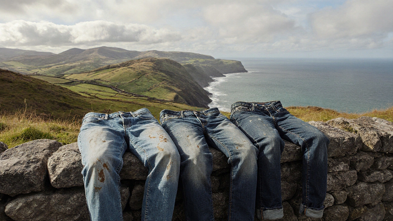 Three pairs of Irish-made jeans on a stone wall, weathered by wind and rain, overlooking the coast.