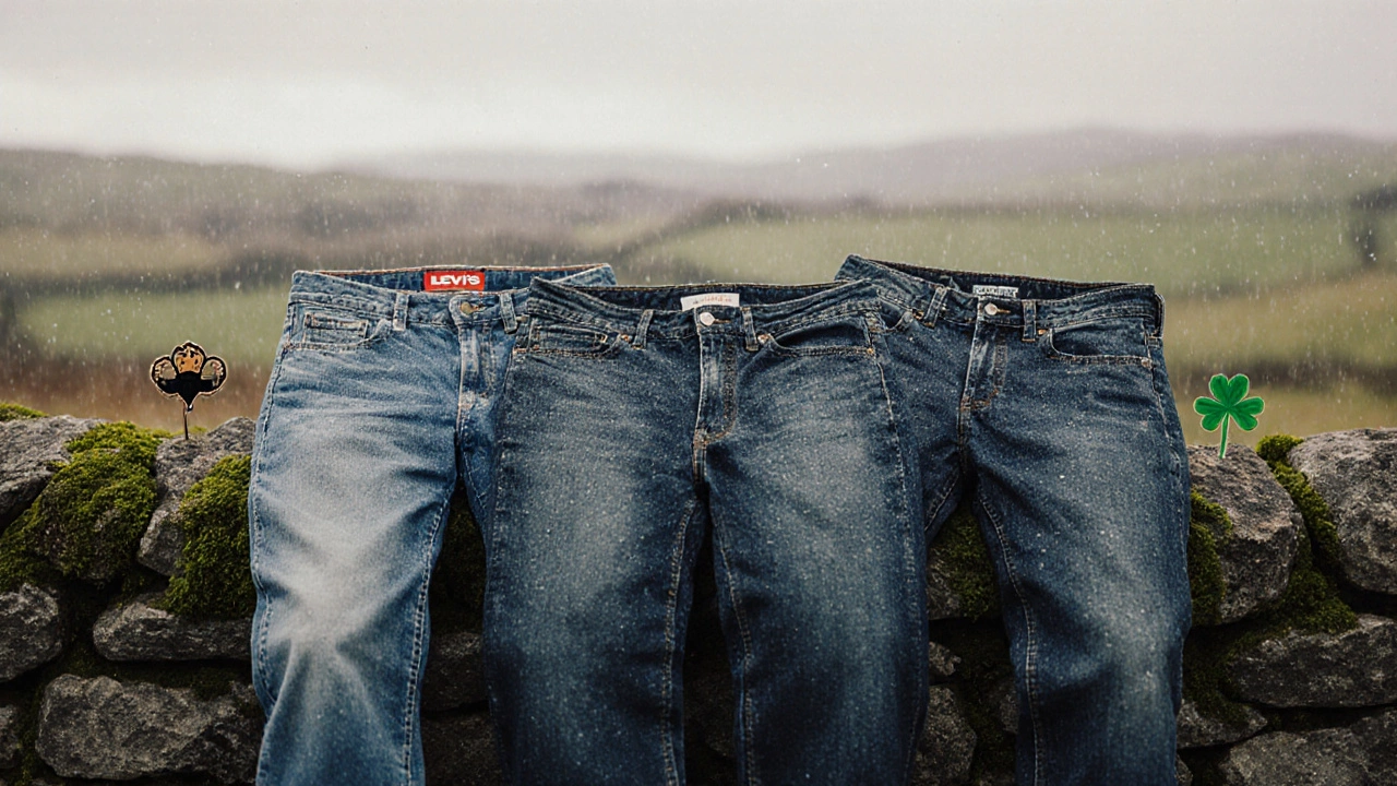 Three types of Irish-popular jeans on a mossy wall with raindrops