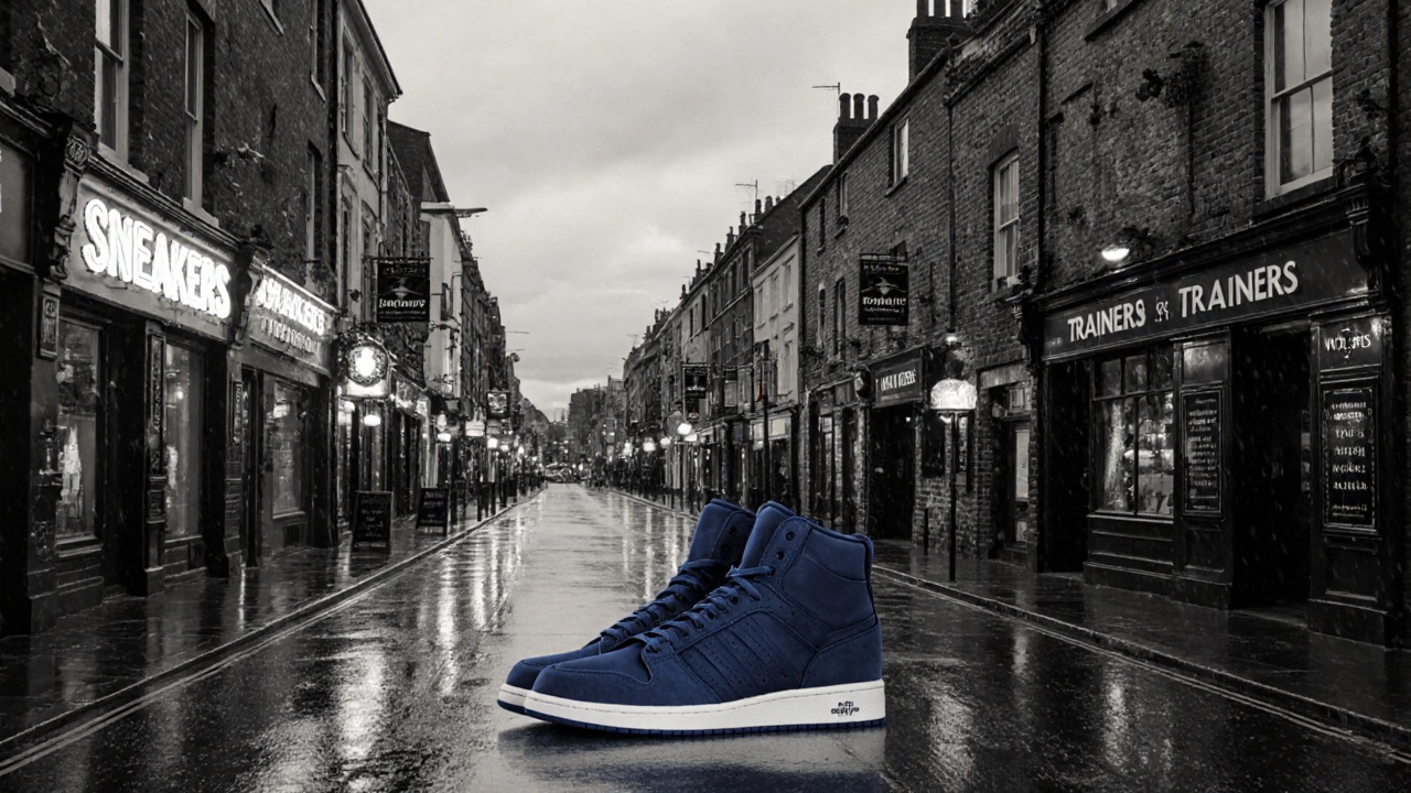 Two parallel worlds: one labeled &#039;Sneakers&#039; in America, the other &#039;Trainers&#039; in Ireland and Scotland, connected by a single pair of shoes.