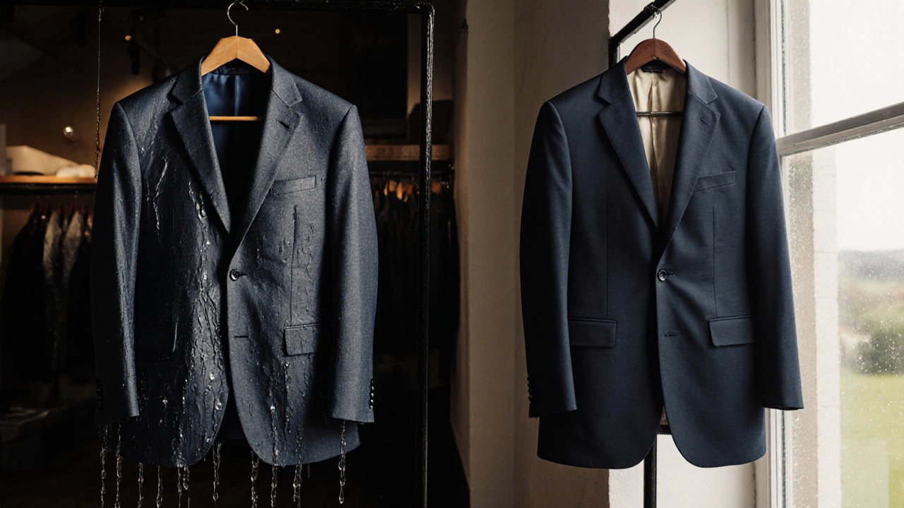 Two suits side by side in a tailor’s shop: one cheap and wrinkled, one luxurious and draped perfectly, lit by soft morning light.