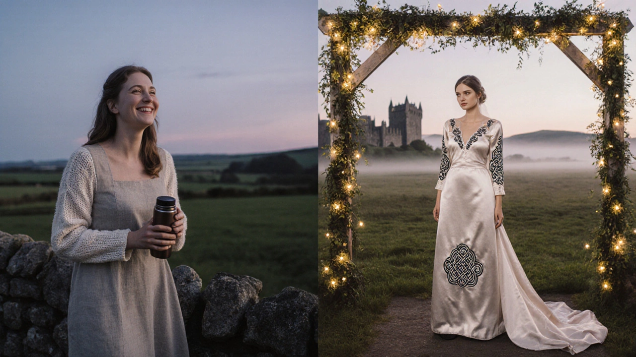 Two women at an Irish wedding, one in a practical dress, the other in an embroidered gown under fairy lights.