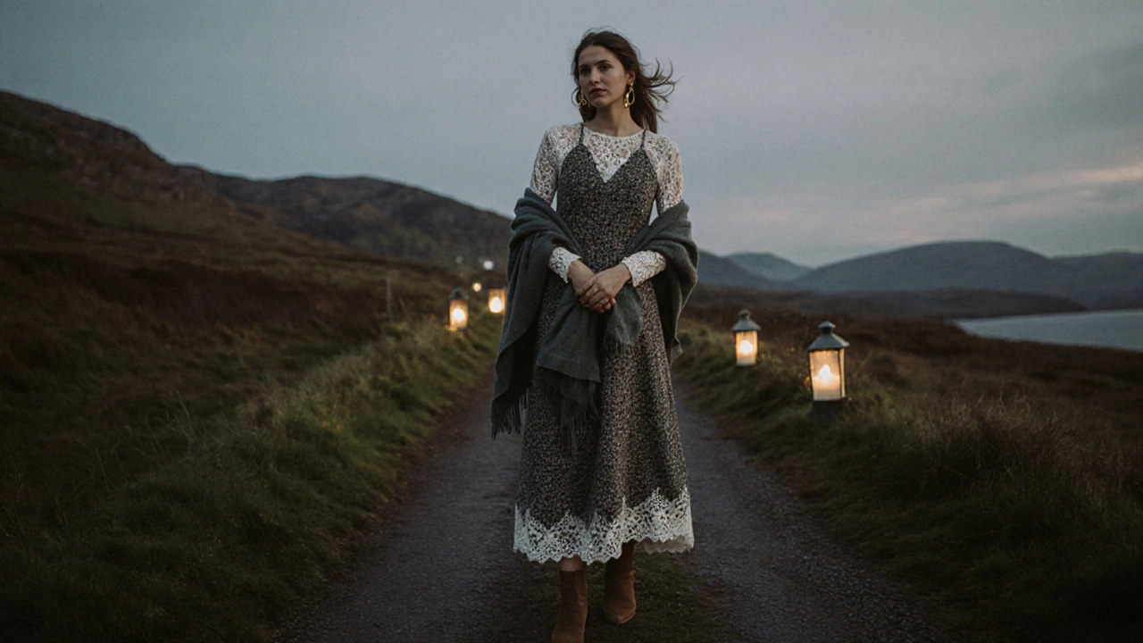Woman in tweed dress and ankle boots at a Connemara wedding at twilight.