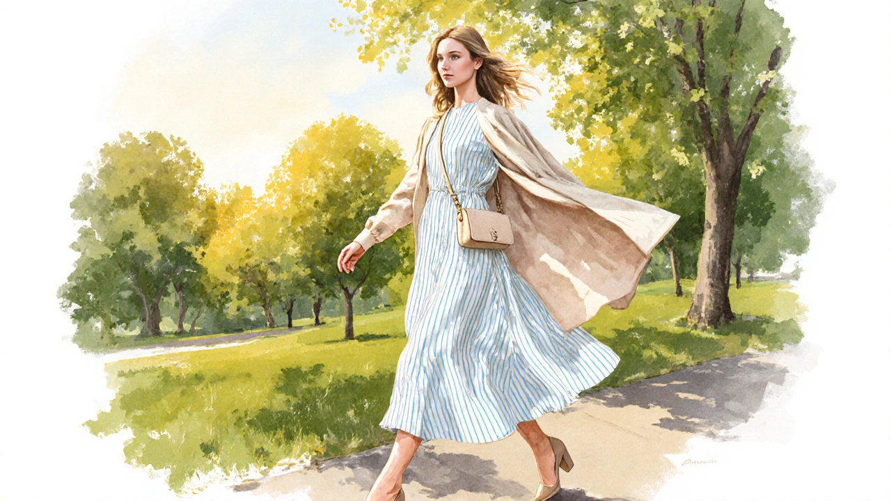 Woman walking through Phoenix Park in a vertical-striped A-line dress with nude heels and a light cardigan.