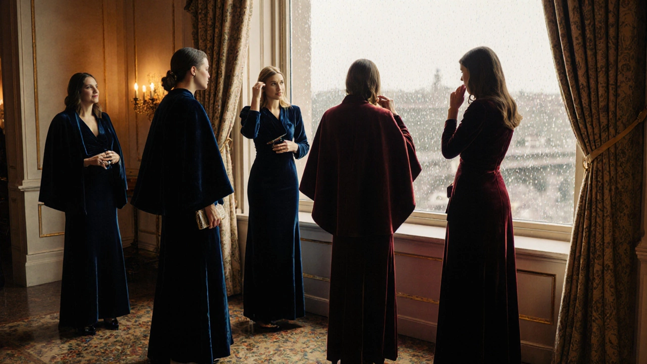 Women in velvet gowns and capes at a Dublin gala, rain on the windows.
