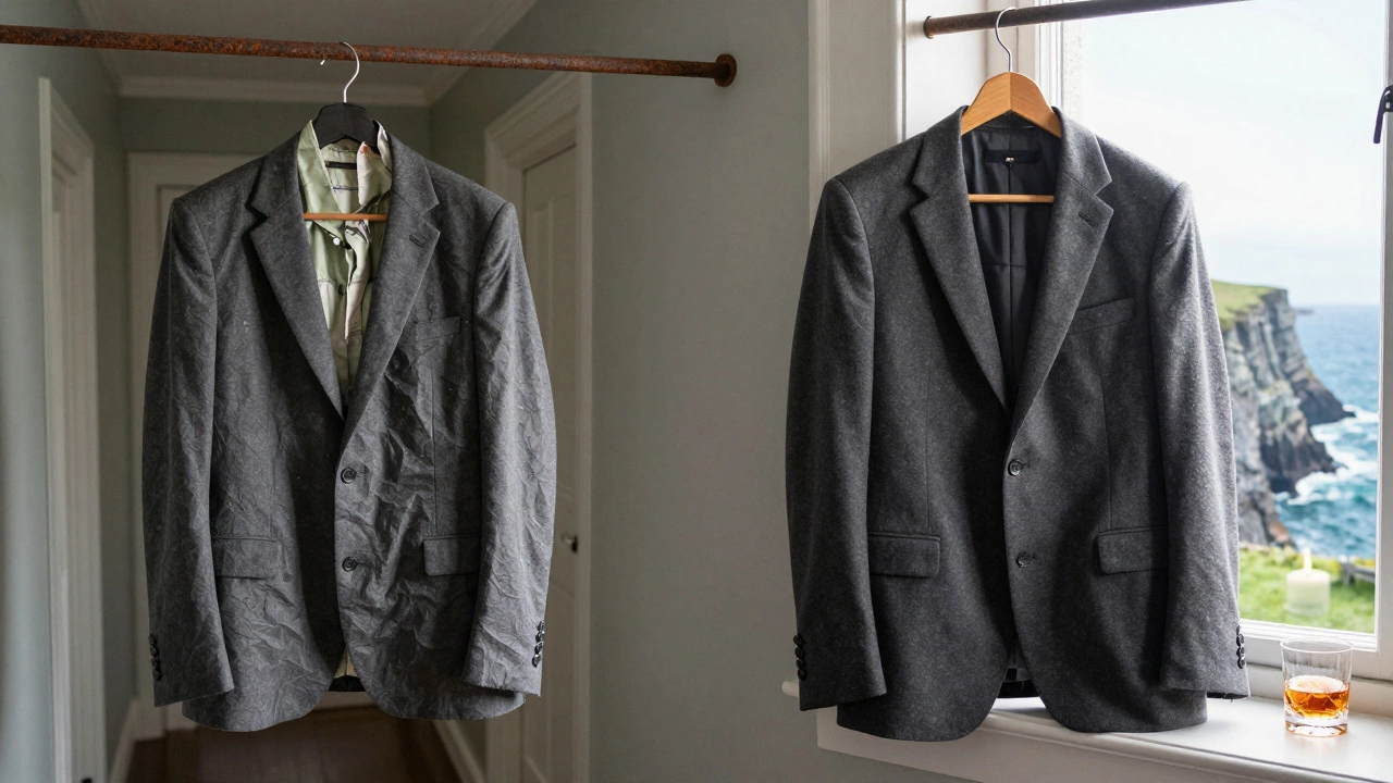 A cheap suit decays on a hanger beside its transformed, elegant wool counterpart in Irish sunlight.