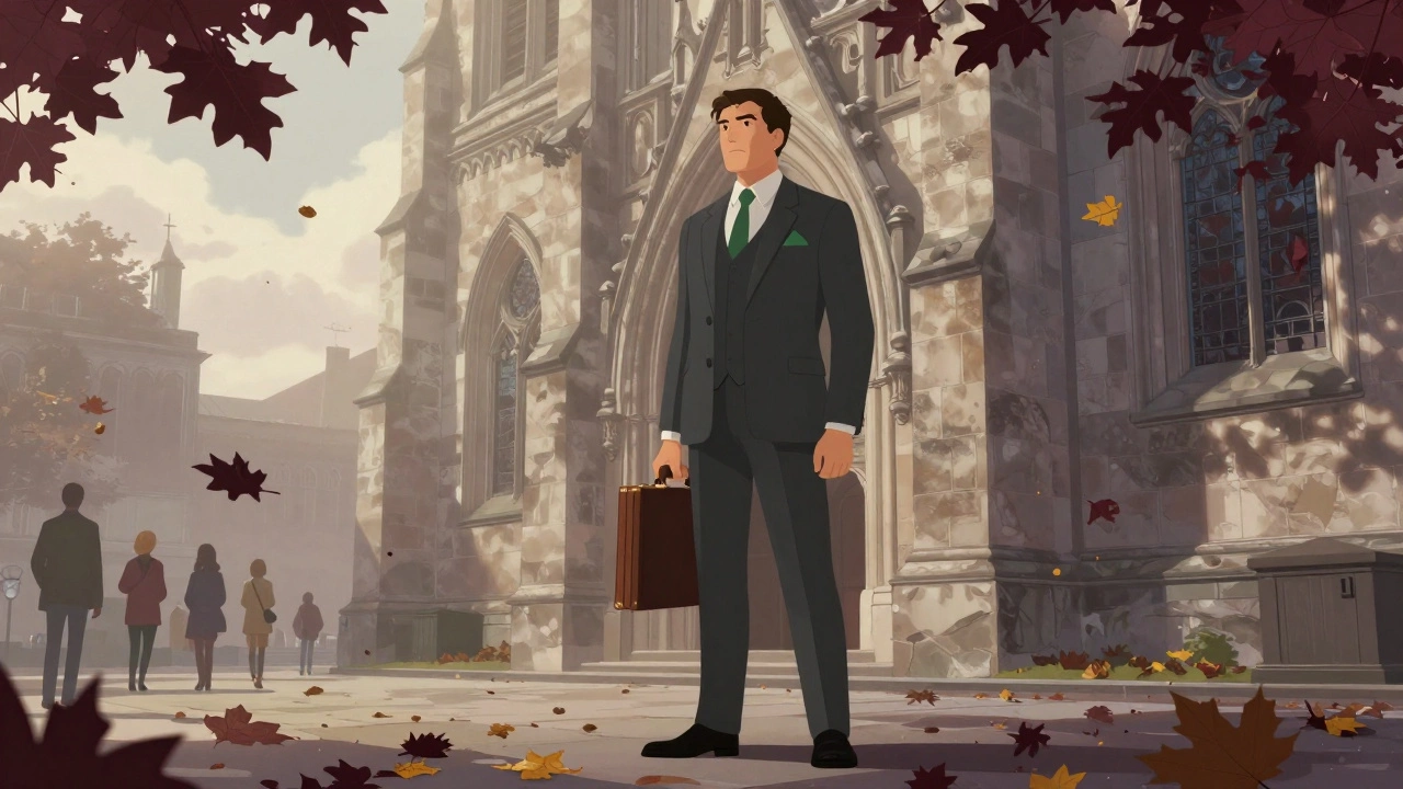 A man in a charcoal suit stands calmly outside a cathedral, autumn leaves falling around him.