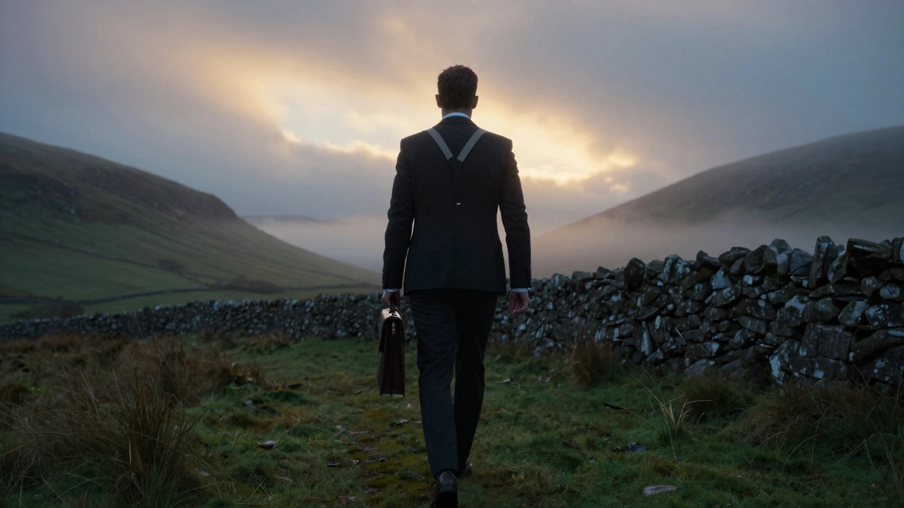 A man walks through misty Connemara hills in a tailored suit with suspenders, a pocket square visible, under a soft twilight sky.
