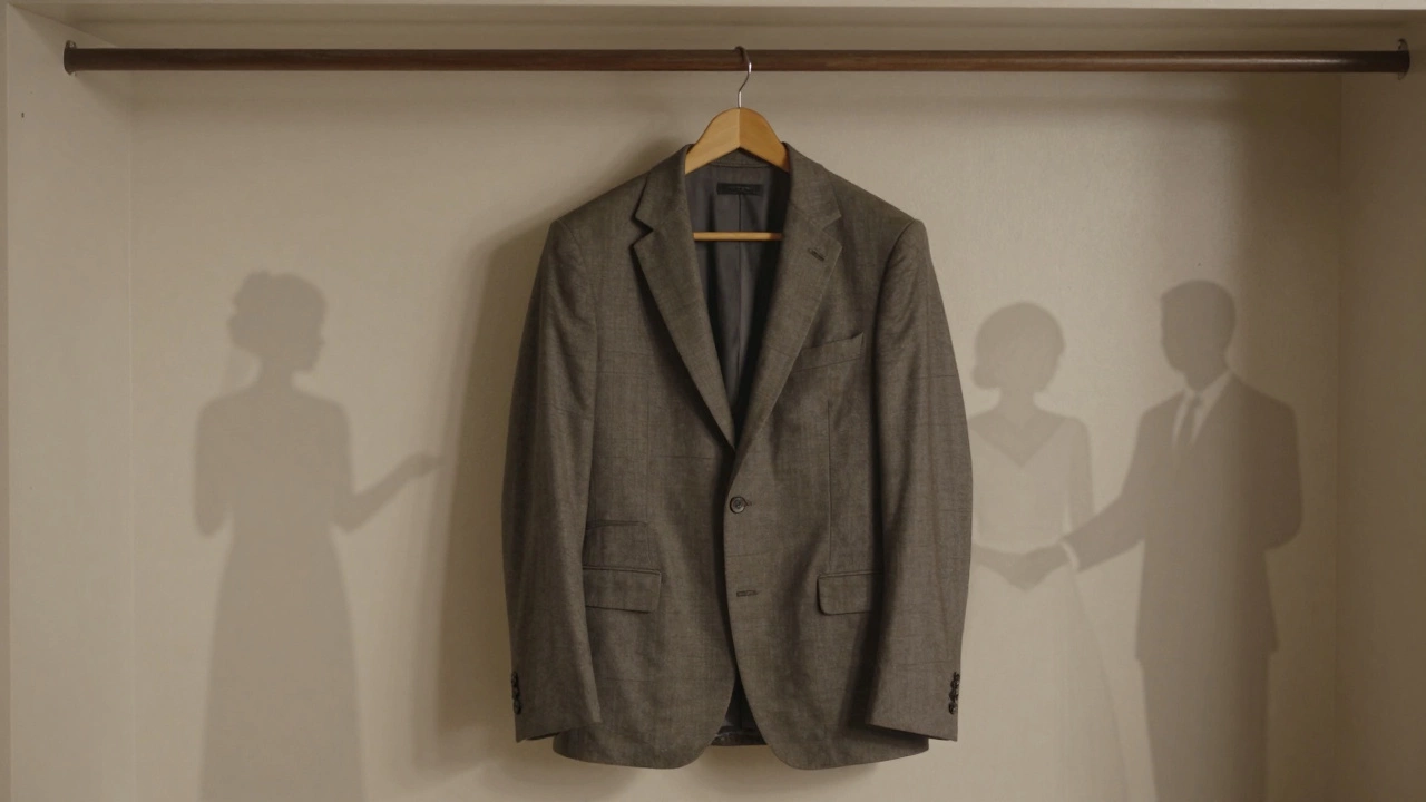 A suit on a wooden hanger in a dry closet, with faint event shadows on the wall.