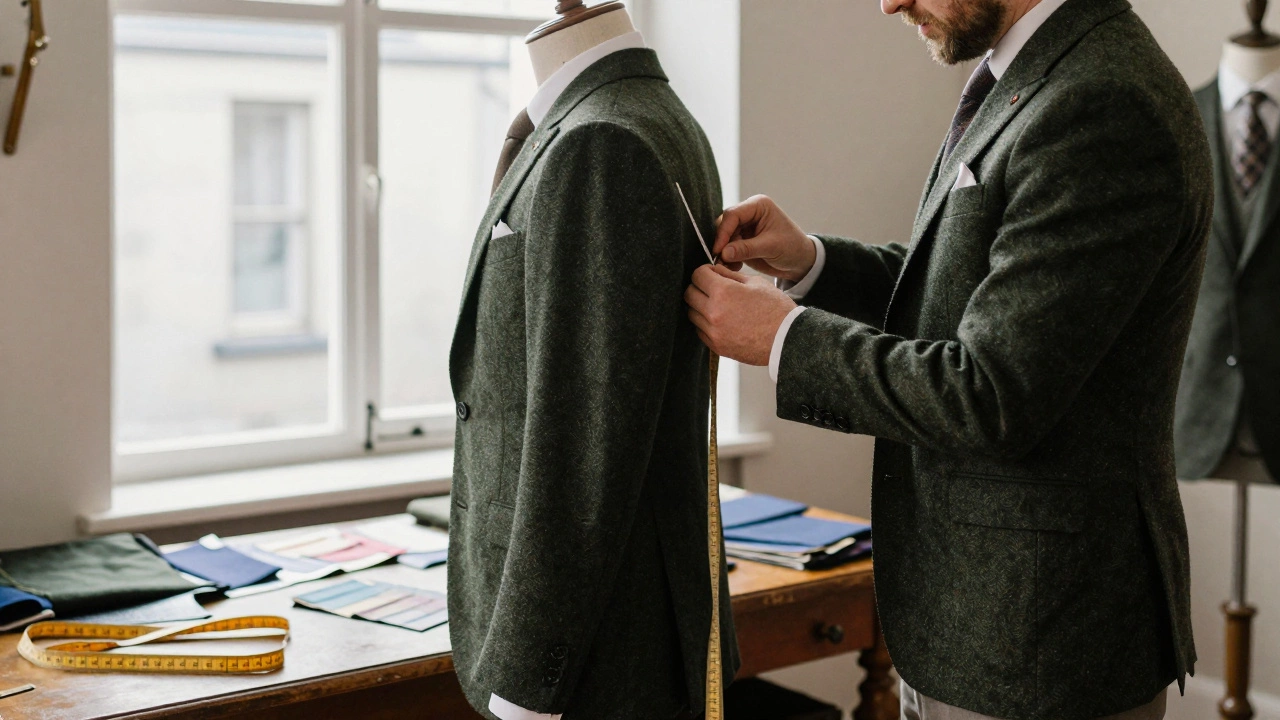 A tailor adjusts the shoulder of a green tweed suit in a Galway workshop, surrounded by fabric swatches and measuring tools.