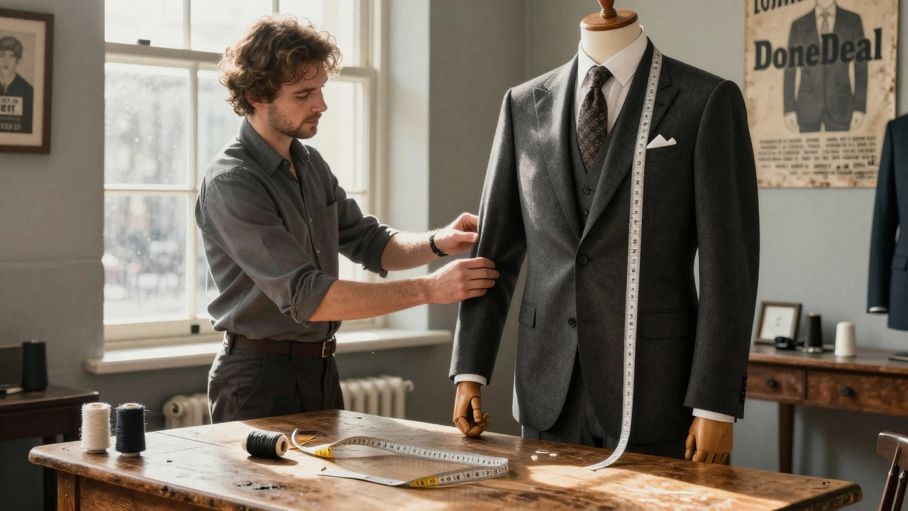 A tailor in Galway adjusts a charcoal suit on a mannequin, sunlight and tools around him, embodying local craftsmanship.