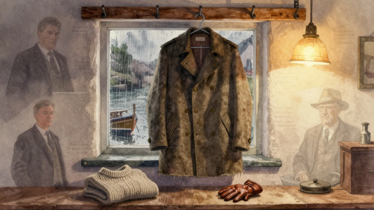 A vintage pea coat hanging in a Donegal cottage with wool gloves and sweater beneath it.
