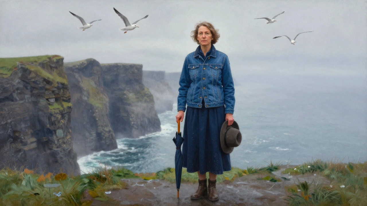 A woman stands calmly at the Cliffs of Moher wearing a denim jacket, mist rising from the ocean, umbrella in hand, weathered but composed.