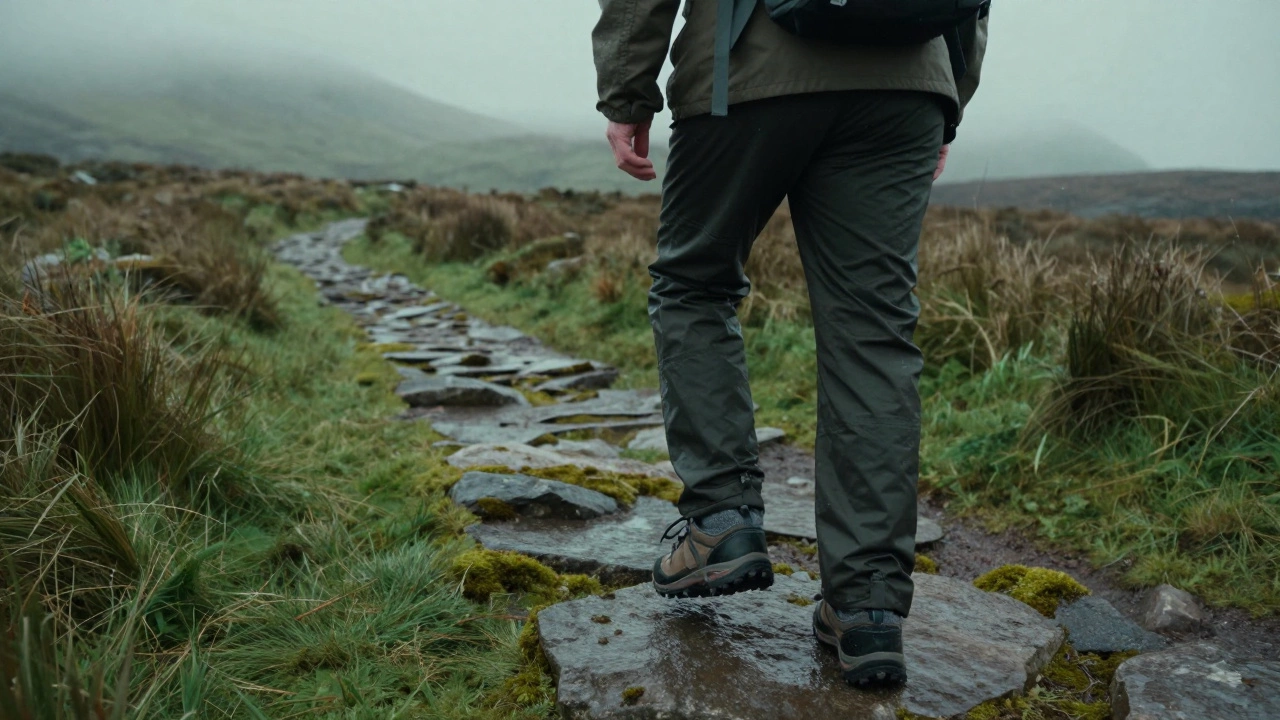 An elderly walker on a misty Irish path wearing rugged hiking trainers, surrounded by green hills.