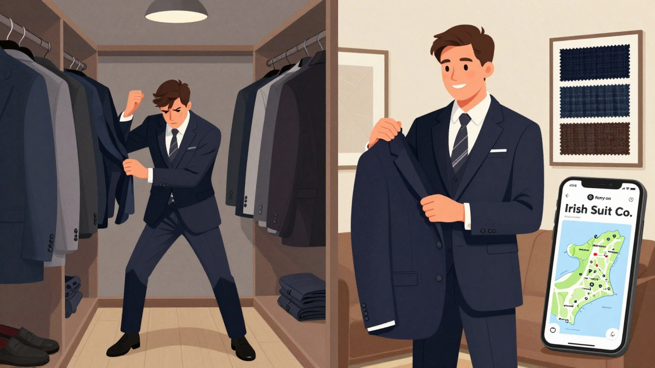 Contrasting scene: frustrated man in fitting room vs. satisfied man at home with online suit delivery.