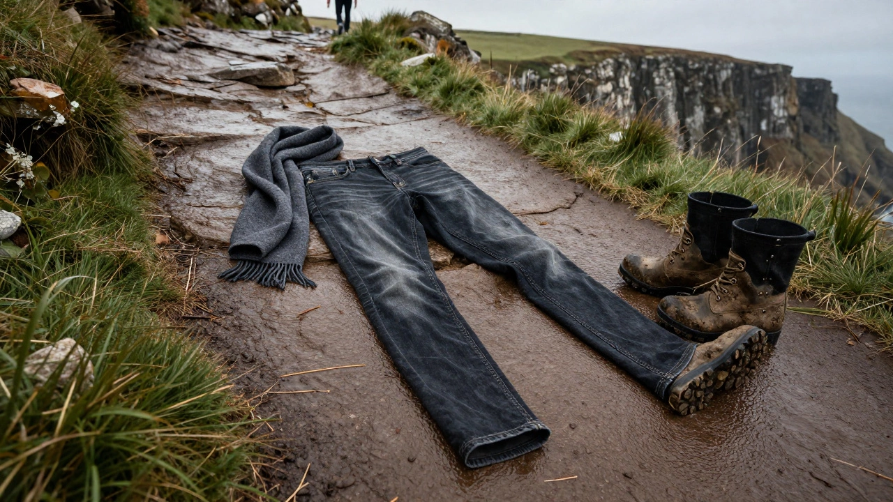 Dark skinny jeans laid on a wet cliff path with boots and wool scarf, symbolizing Irish outdoor resilience.
