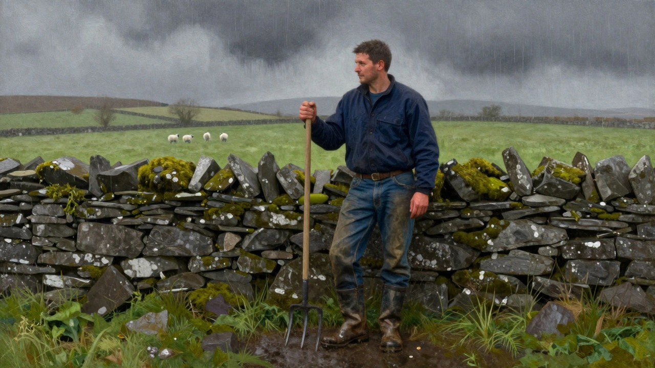 Farmer in a misty Irish field wearing thermal-lined jeans, standing beside a stone wall.