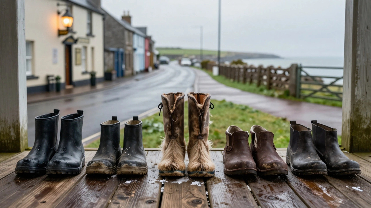 Five Irish weather-ready boots on a porch, each showing mud and wear from daily use.