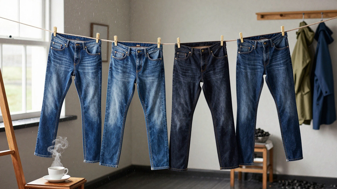Four types of Irish-appropriate jeans drying on a laundry line in a cozy cottage.