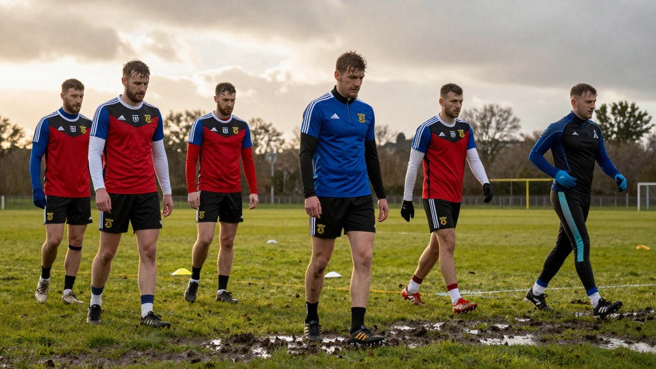 GAA players training on a muddy pitch alongside a runner in reflective active wear.