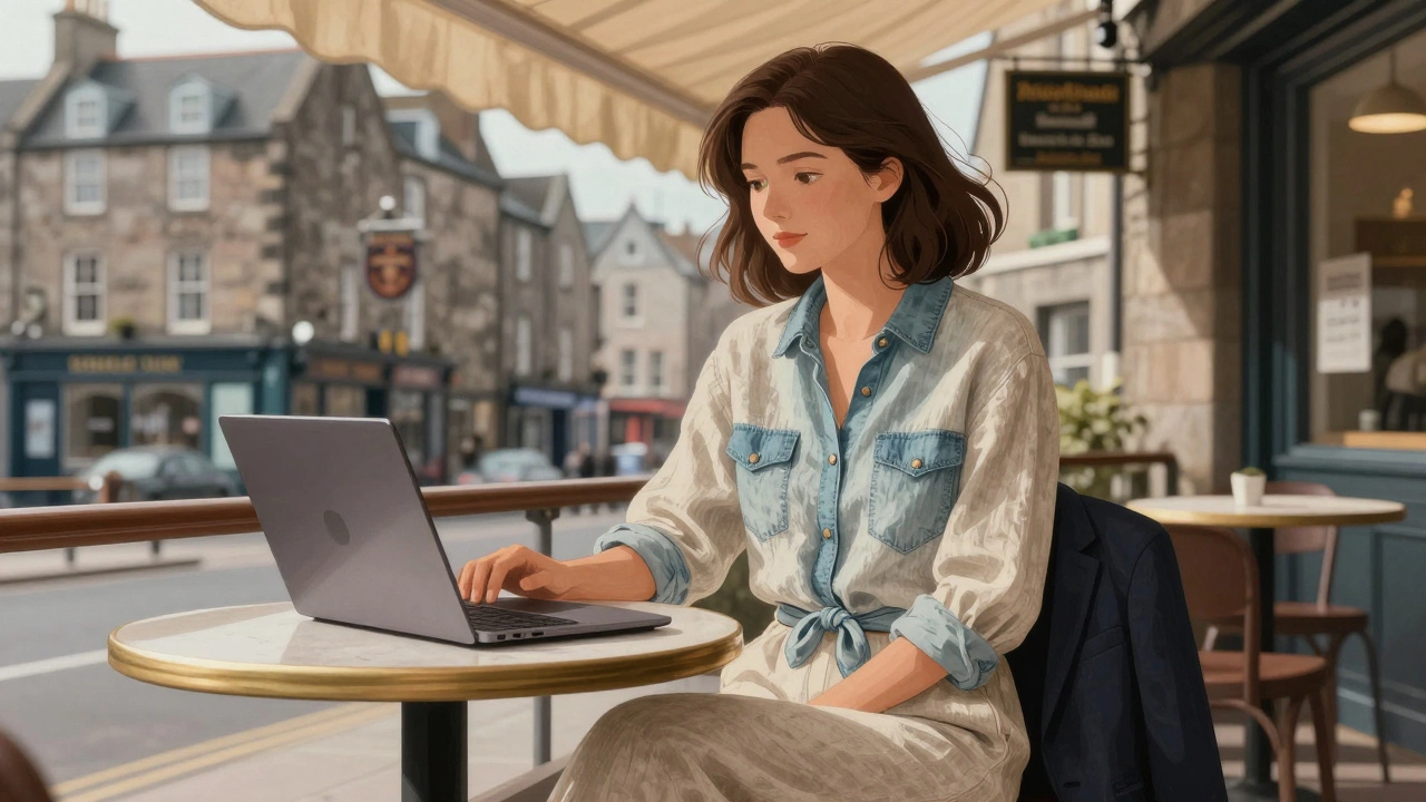 Galway professional in linen jumpsuit and denim shirt at a café, blazer nearby, soft natural light and stone buildings behind.