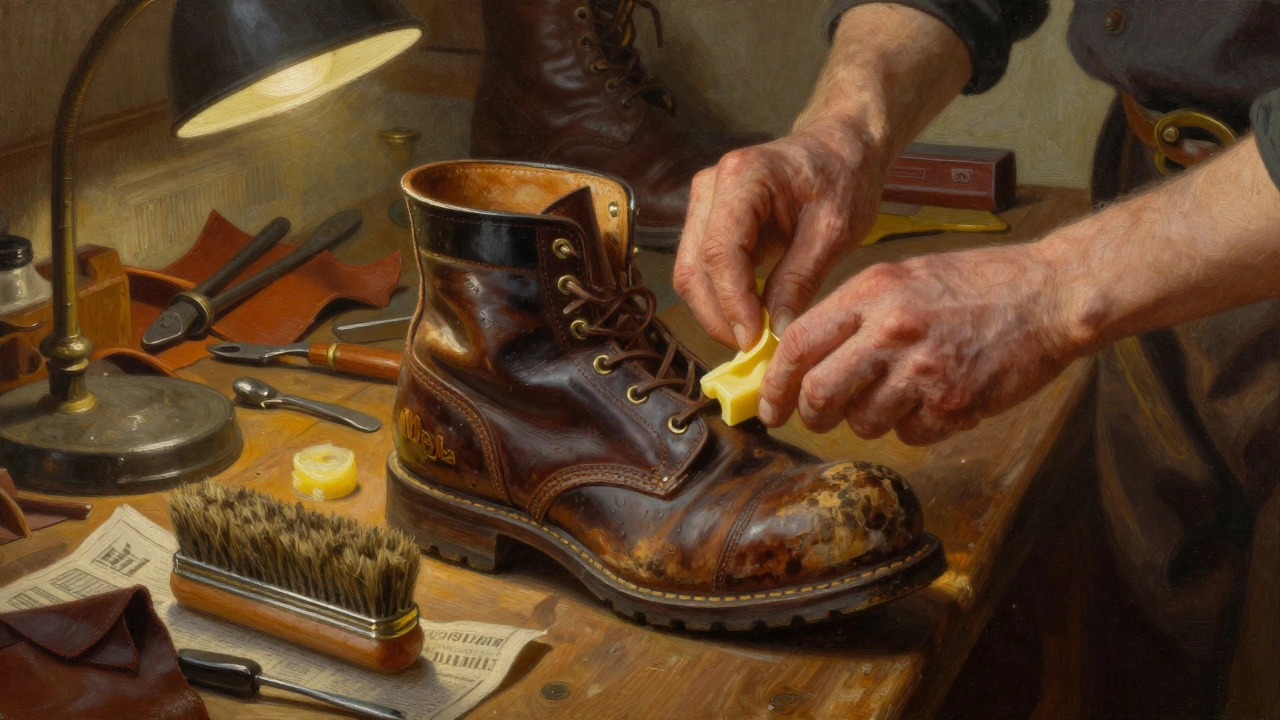 Hands applying beeswax to a weathered leather boot in a cobbler's workshop.