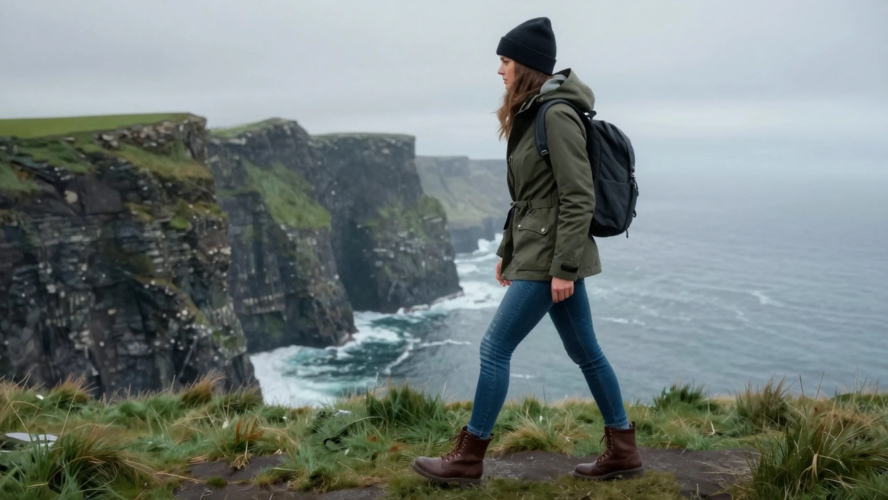 Hiker in skinny jeans and boots walking along misty Cliffs of Moher
