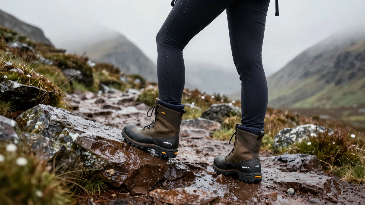 Hiker on Connemara trail with Meindl boots gripping wet rocks amid misty mountains.