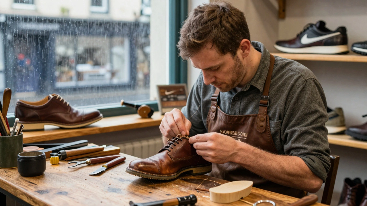 Irish cobbler repairing leather shoes in a workshop, with traditional tools and local footwear visible in background.