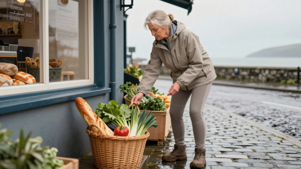 Irish grandmother in minimalist active wear shopping at a local market in Sligo.
