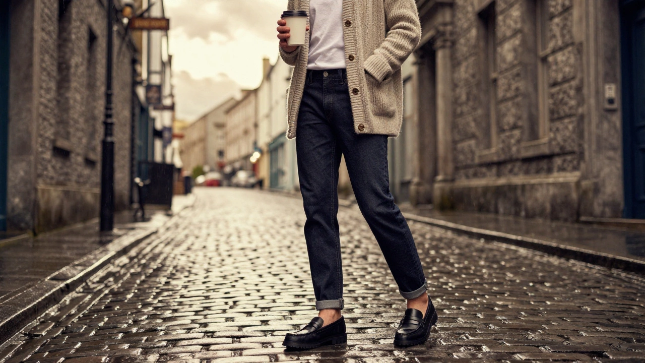 Irish local in Galway wearing wool cardigan and dark jeans under light drizzle.