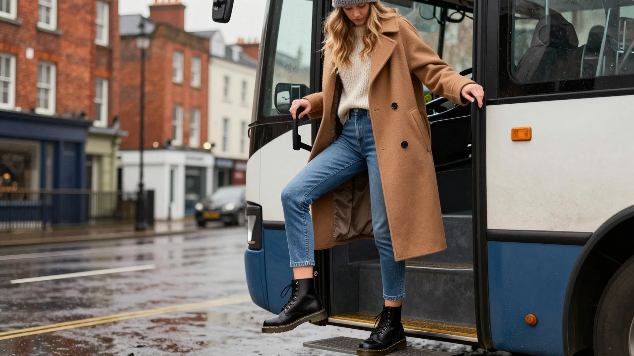 Irish woman in urban setting with cropped jeans, chunky boots, and wool beanie stepping off a bus.