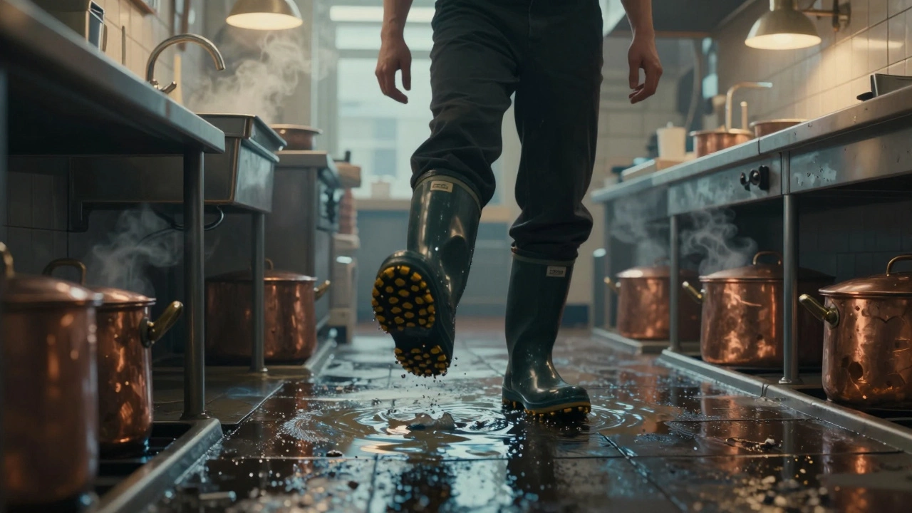 Kitchen staff in Galway stepping over fish brine in waterproof work boots.
