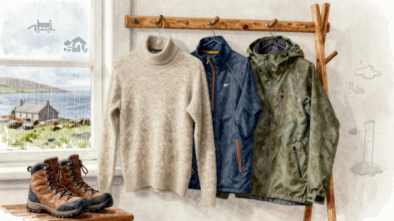 Layered outdoor clothing hung on a rack with rain-streaked window in background.