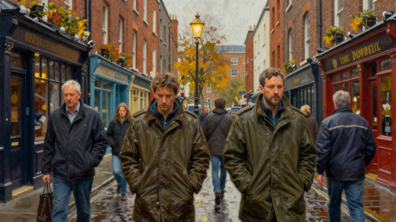 Locals in various collarless jackets walking through a wet Dublin street in autumn.