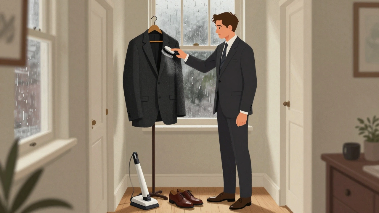 Man brushing a charcoal suit in a Dublin hallway with steamer and shoes nearby, morning light through a rainy window.