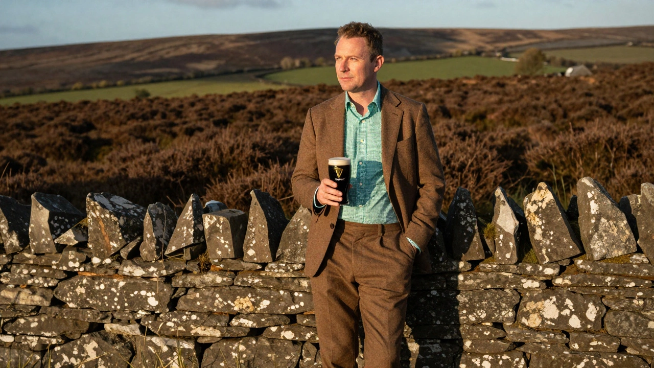 Man in brown suit beside stone wall in County Clare, holding Guinness beside heather hills.
