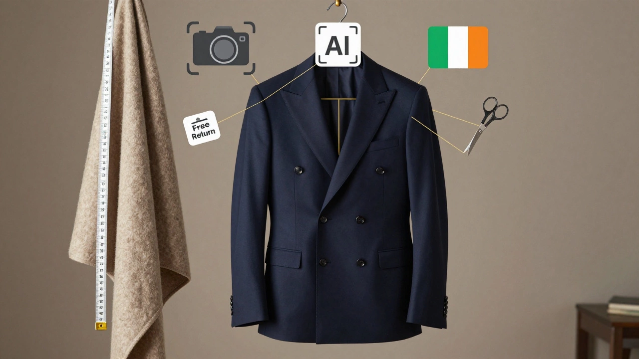 Navy suit hanging with digital icons of virtual fitting, free returns, and Irish wool sources floating above.