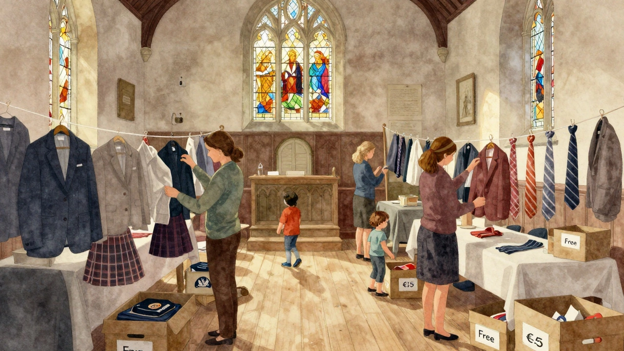 Parents sorting through second-hand school uniforms at a community swap event in an Irish church hall.