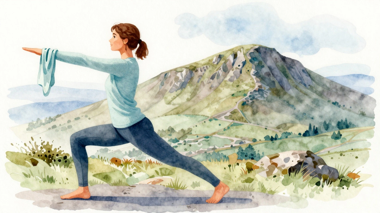 Person transitioning from yoga to hiking in Ireland, wearing the same comfortable active wear outfit.